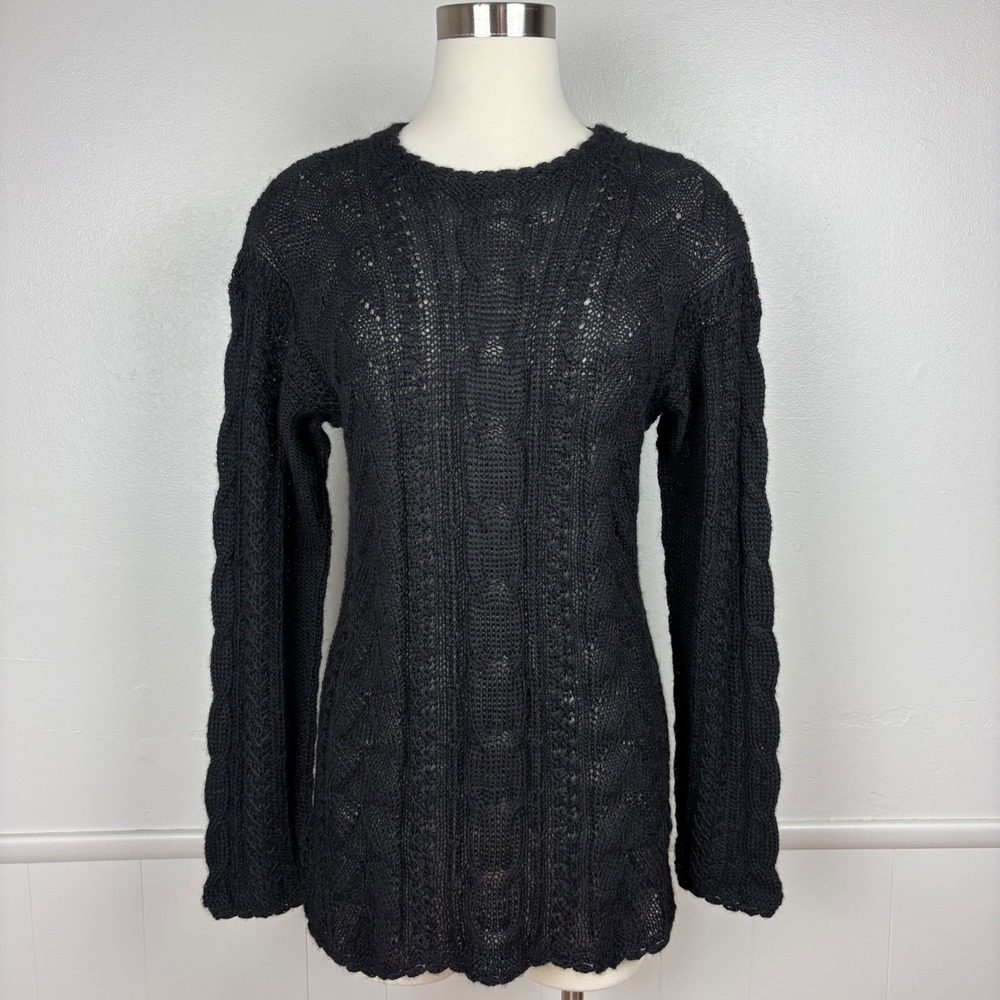 Perez‎ Baby Alpaca Wool Tunic Sweater Sz XL Black Scalloped Cable Knit Open Knit